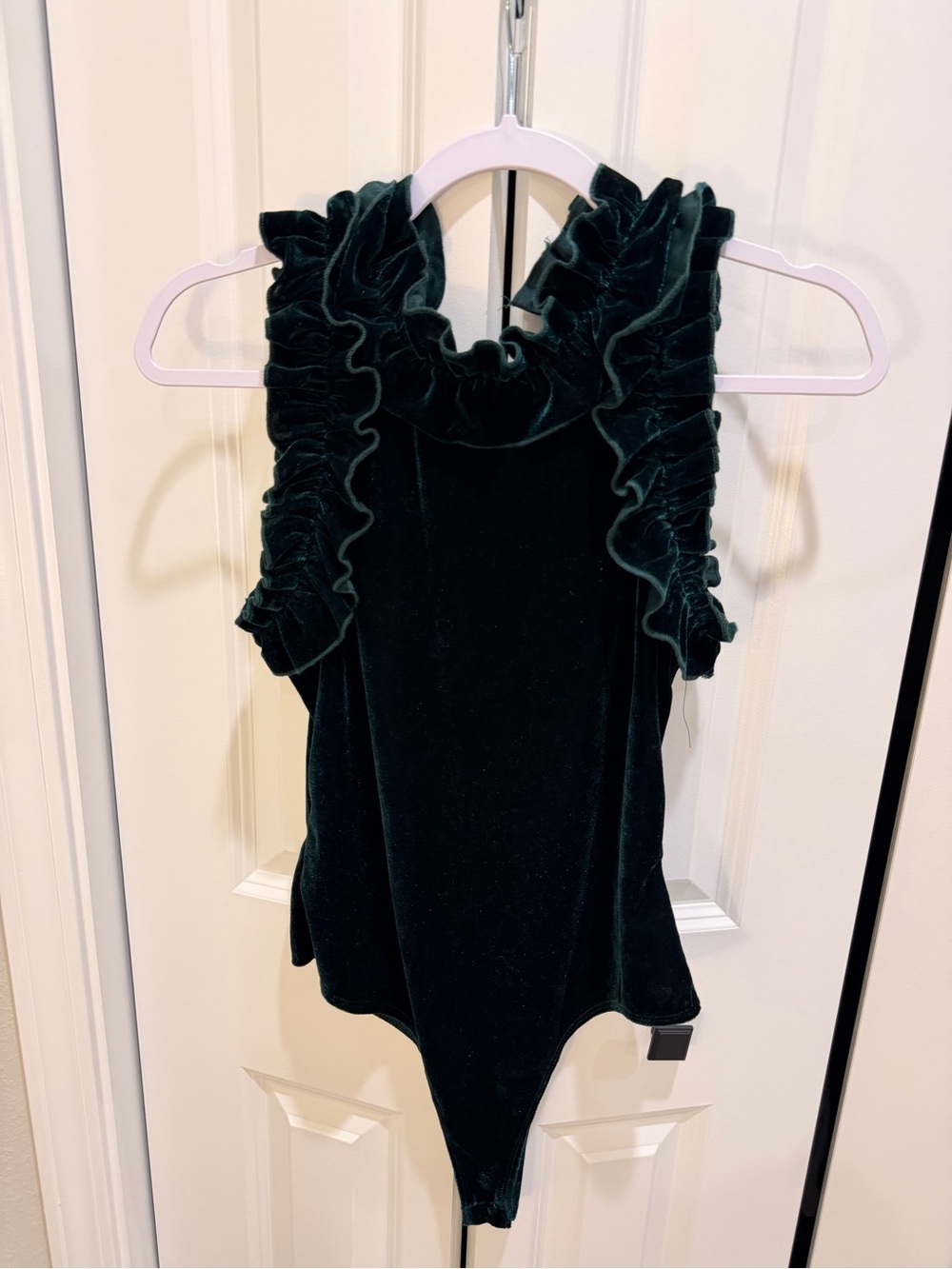 TCEC Dark Green Velvet Ruffle Mock Neck Bodysuit